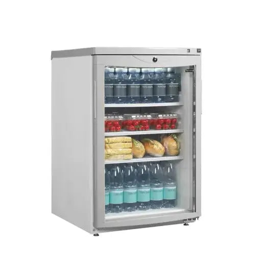 Tefcold BC85 med glasdörr, fylld med vattenflaskor, körsbär och baguetter – idealisk för butik eller café.