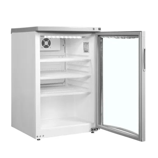 Tefcold BC85 visad med öppen dörr och tom interiör, tre hyllplan och effektiv belysning.