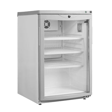 Tefcold BC85 kompakt kylskåp med glasdörr och vit stomme, perfekt för mindre utrymmen.