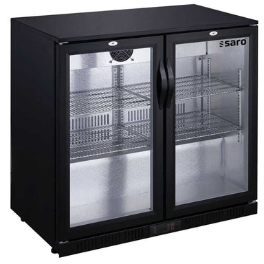 SARO BC 207 Barkyl med dubbla glasdörrar och justerbara metallhyllor.