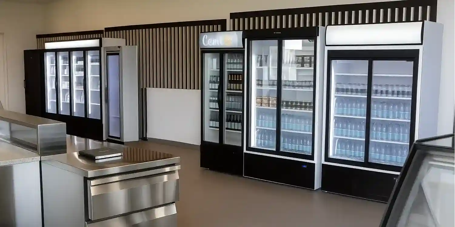 Modern butiksinredning med flera kylar och displaykylar för dryck och matförvaring.
