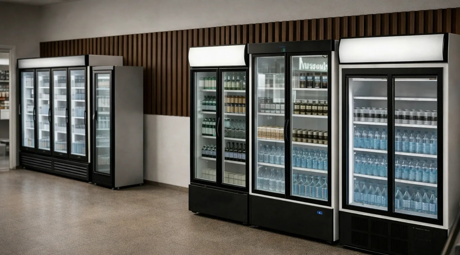 Modern butiksinredning med flera kylar och frysar.