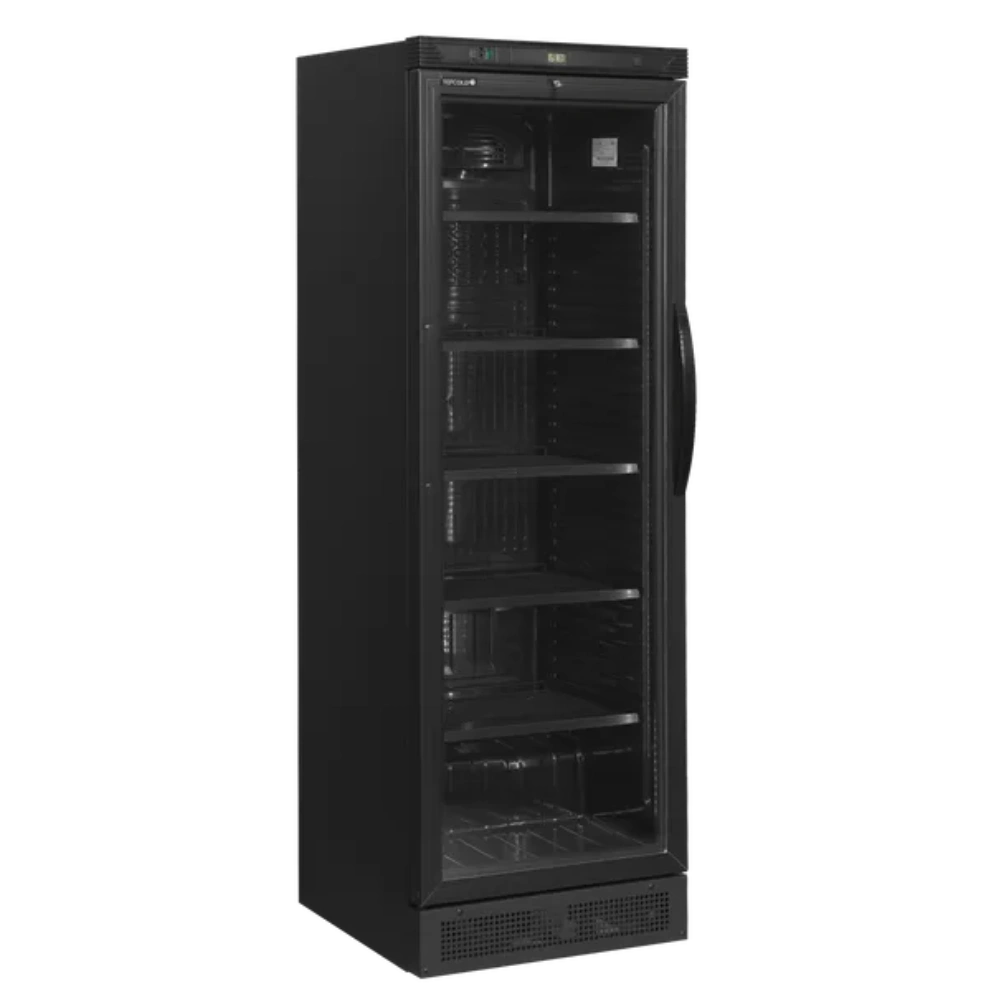 TEFCOLD CEV425 BLACK Dryckeskyl med stängd dörr och tomma hyllor.