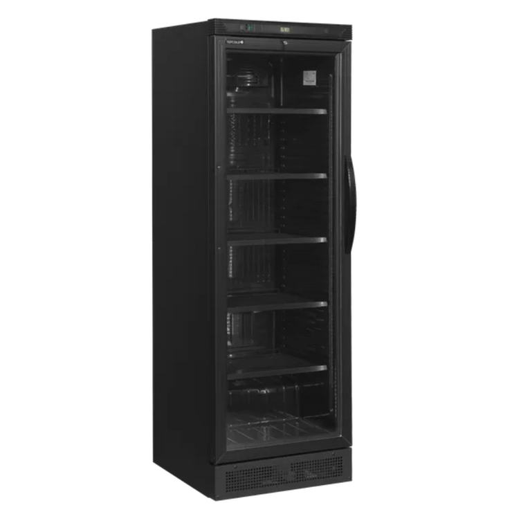 TEFCOLD CEV425 BLACK Dryckeskyl med stängd dörr och tomma hyllor.