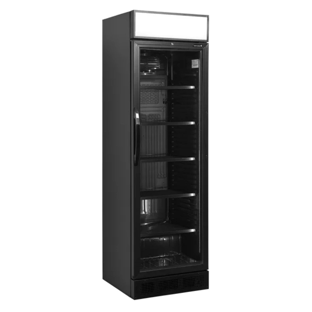 Tefcold CEV425CP BLACK Displaykyl med tomma hyllor och stängd dörr.