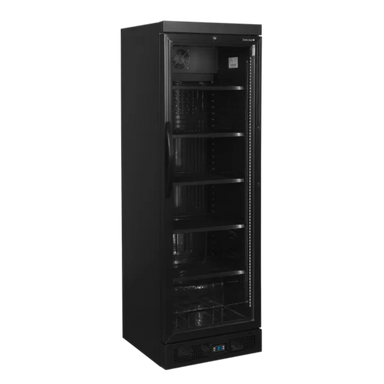 Stängd TEFCOLD CEV435 BLACK Dryckeskyl med tomma invändiga hyllor.