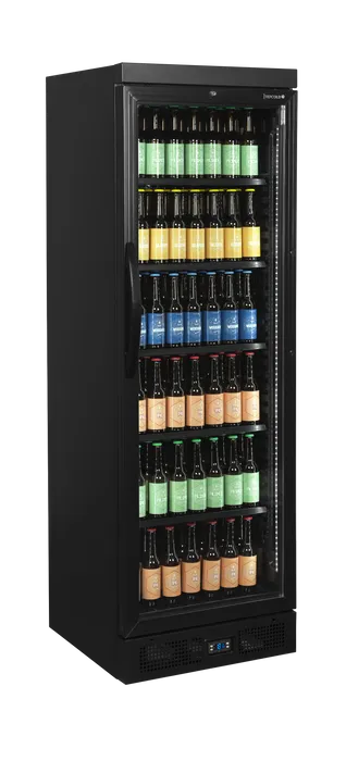Tefcold CEV435 BLACK Displaykyl fylld med dryckesflaskor i färgade etiketter.