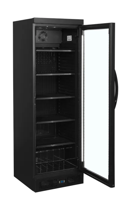 Tefcold CEV435 BLACK Displaykyl med öppen dörr och tomma hyllor.