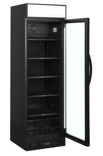 Tefcold CEV435CP BLACK med öppen glasdörr och tomma hyllor.