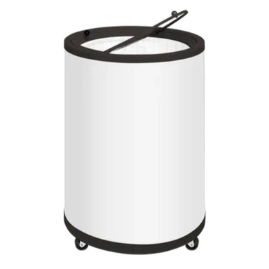 TEFCOLD CF78 Burkfrys i profil med öppet lock och hjul undertill.