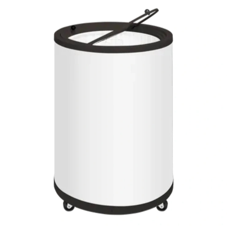 TEFCOLD CF78 Burkfrys i profil med öppet lock och hjul undertill.