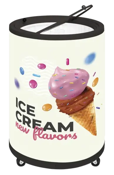 TEFCOLD CF78 Burkfrys med glassig reklamdekor och texten "Ice Cream new flavors".