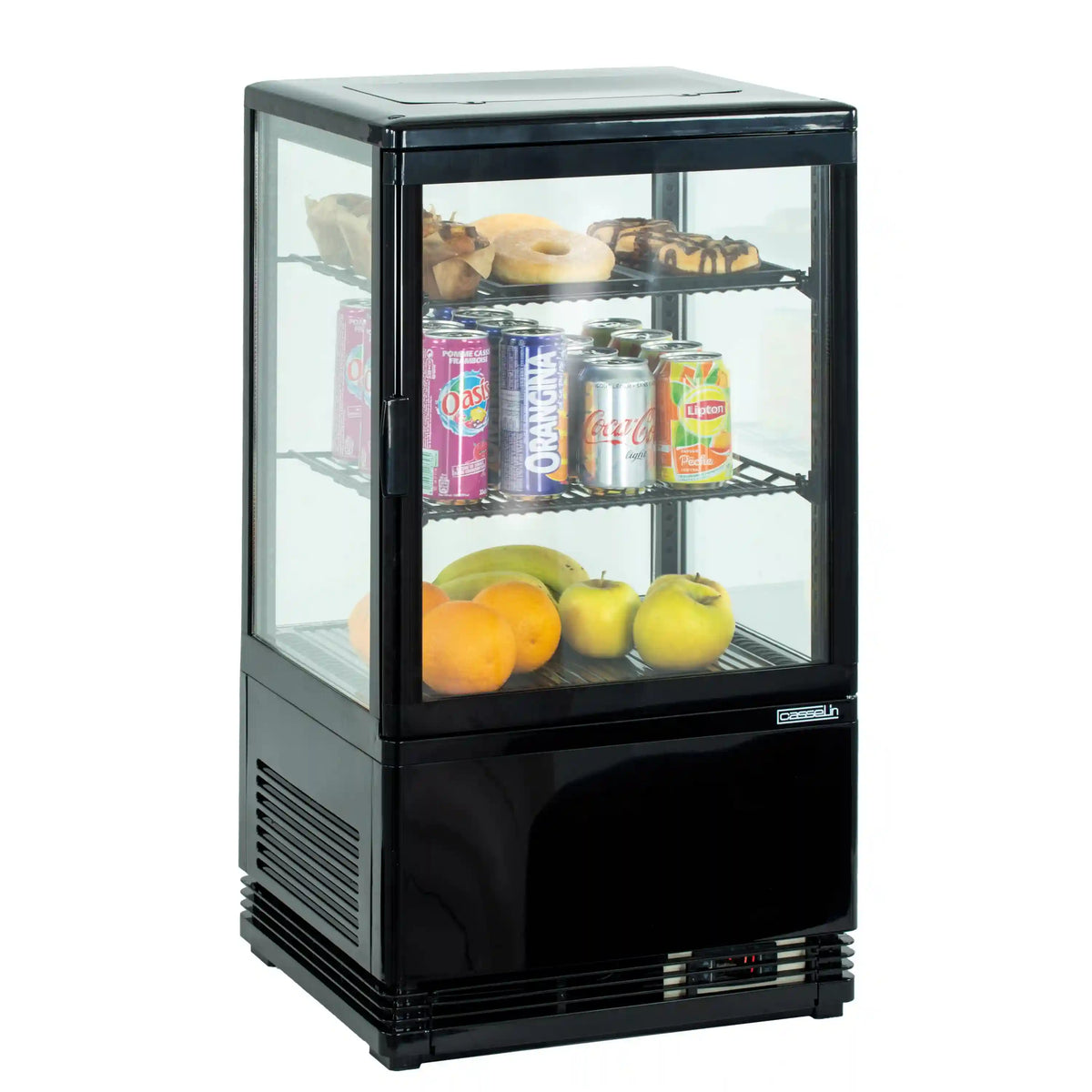 Casselin CVR58L kylmonter i svart med glasdörr, kompakta hyllplan och LED-belysning.