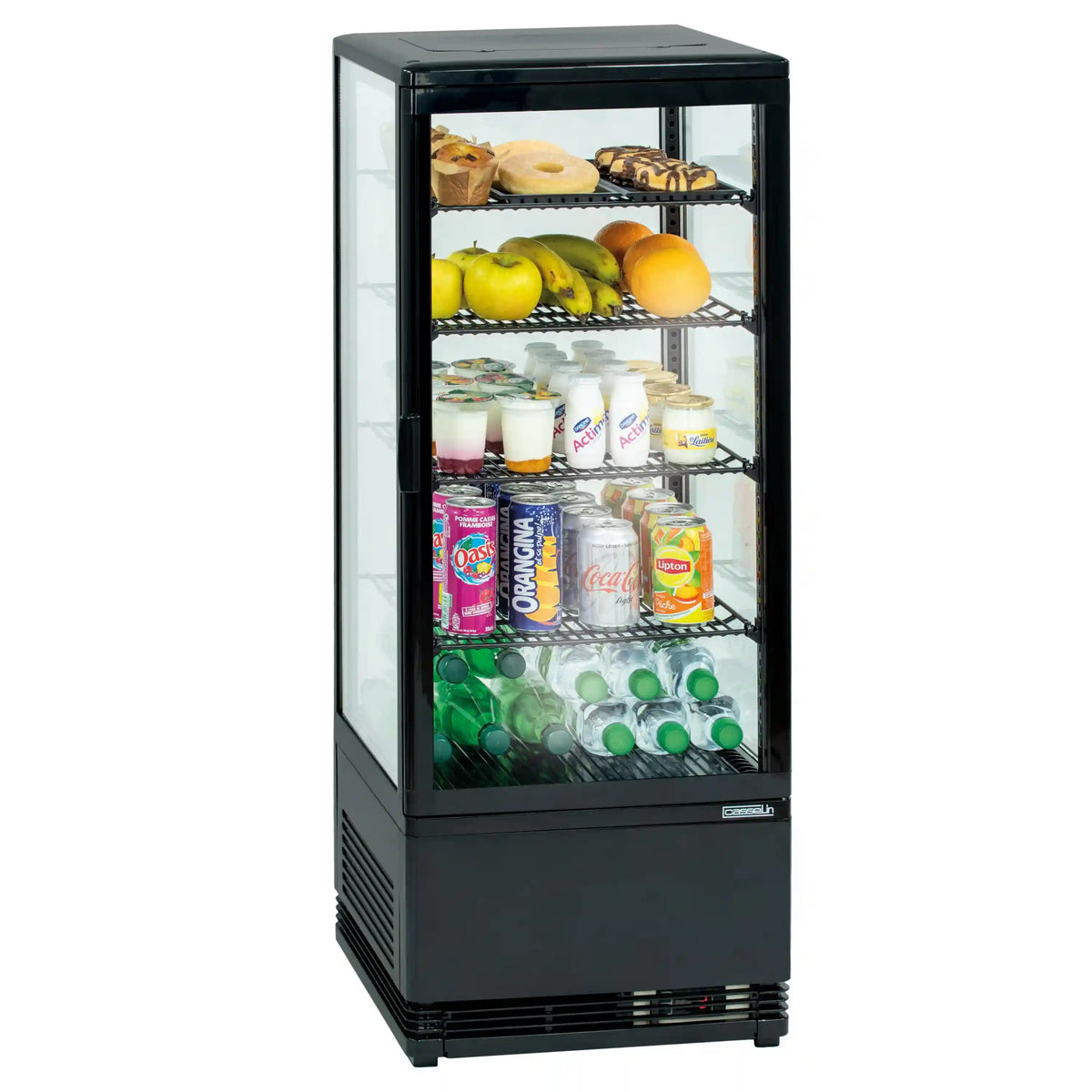 Casselin CVR98L kylmonter i svart med glasdörr, flera hyllplan och invändig LED-belysning.