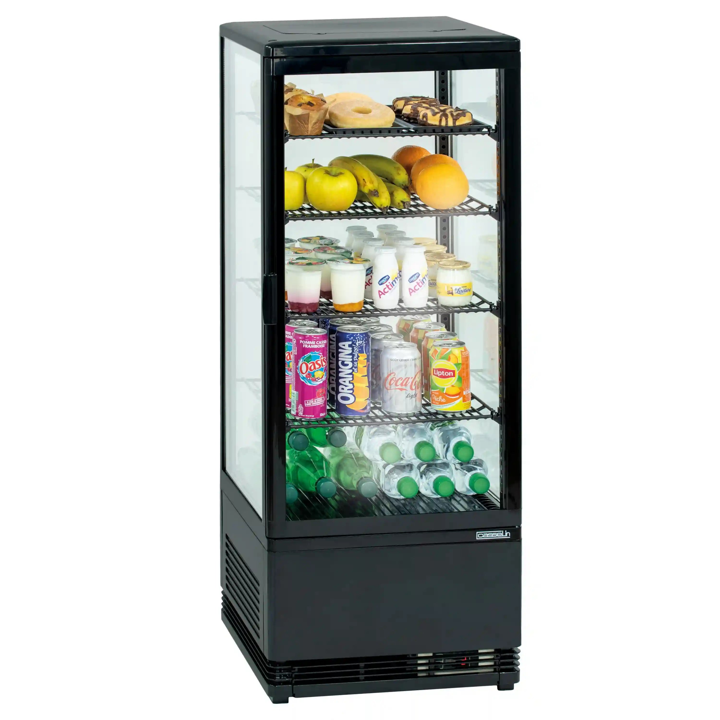 Casselin CVR98L kylmonter i svart med glasdörr, flera hyllplan och invändig LED-belysning.
