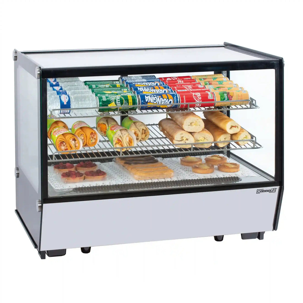 Casselin CVRE160L kylmonter med rak glasfront, flera hyllplan och LED-belysning.
