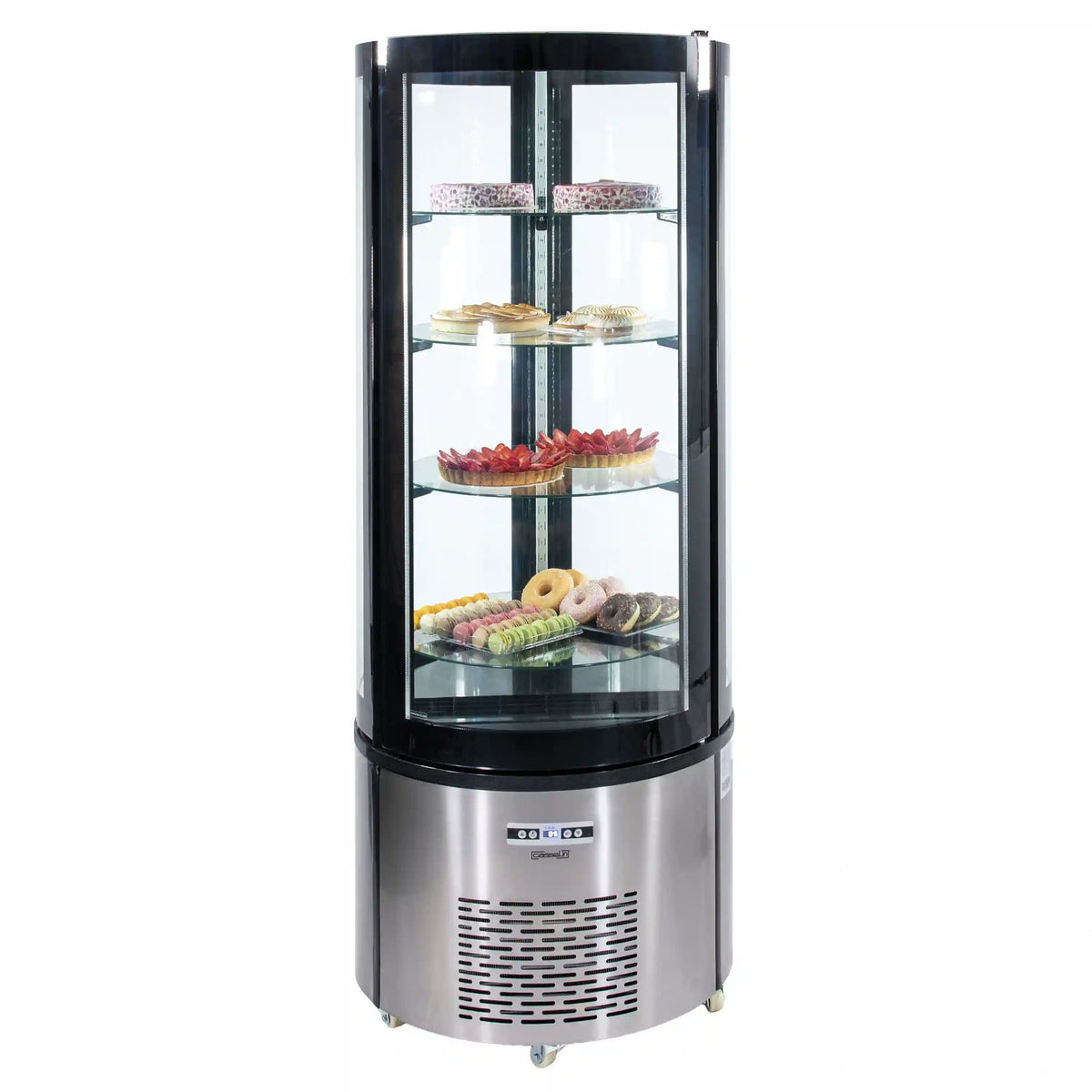 Casselin CVRR360L kylmonter med rund glasdesign, flera glashyllor och invändig belysning.