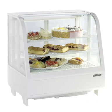 Casselin CVR100L kylmonter i vit med välvd glasfront, flera hyllplan och invändig LED-belysning.