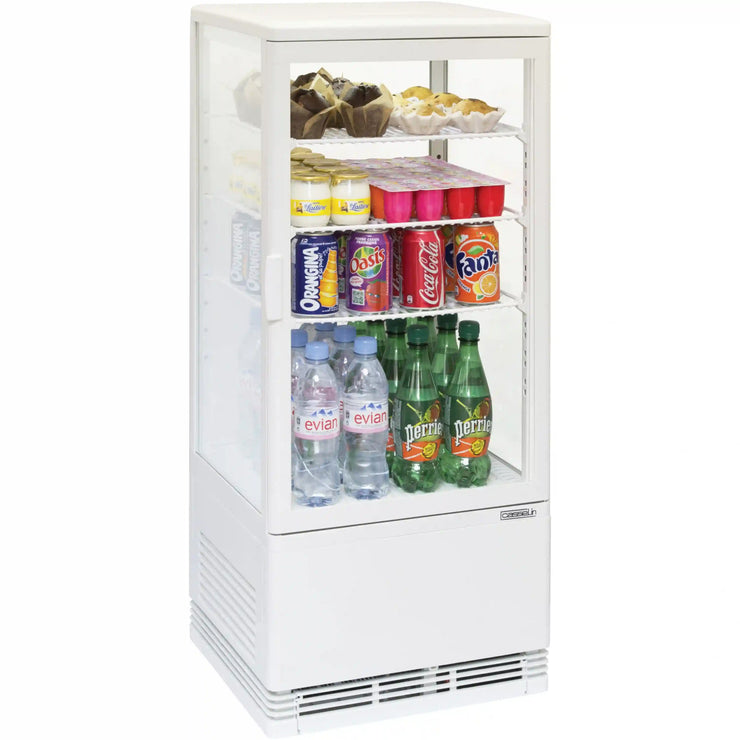 Casselin CVR78L kylmonter i vit med glasdörr, flera hyllplan och invändig LED-belysning.