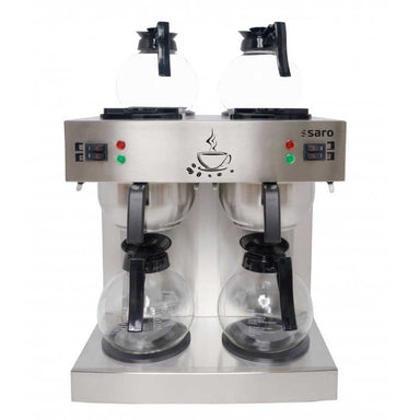 SARO ECO 48 kaffebryggare med fyra glaskannor och dubbla bryggstationer i rostfritt stål