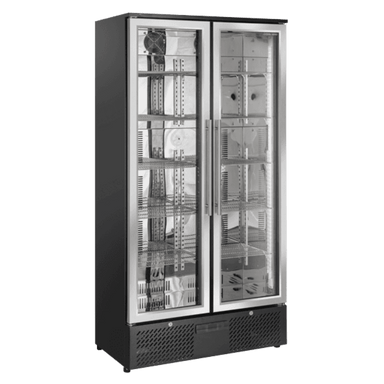 Fullständig vy av Cool Head DC 728 Displaykyl med dubbla glasdörrar och ventilerad sockel.