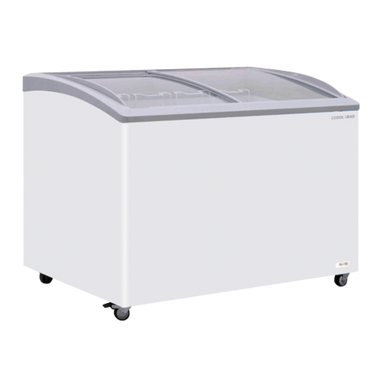 Cool Head CG 409A Frysbox med välvt glasskjutlock och fyra hjul i helvy.