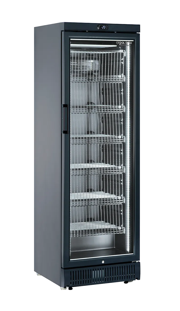 Cool Head CNG 390 Displayfrys 320 L, sedd från sidan mot vit bakgrund