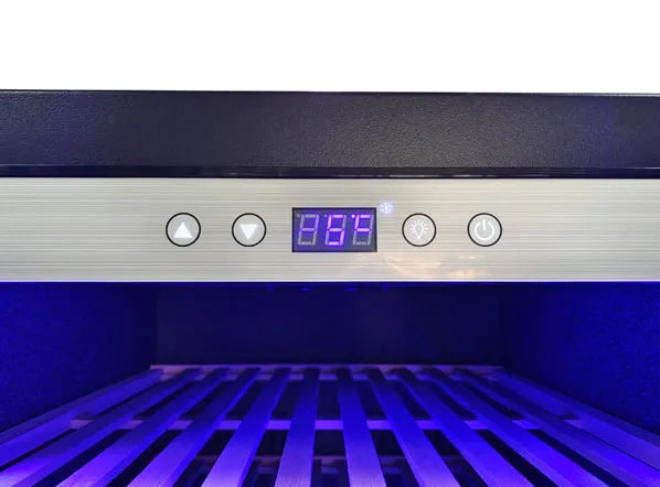 Cool Head CW 518DT Vinkyl 520 L, invändig vy med blått ljus som lyser upp hyllor med vinflaskor