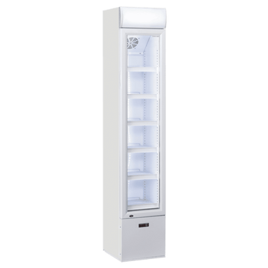 Vit version av Cool Head DC 105C smalt kylskåp med glasdörr och belysning