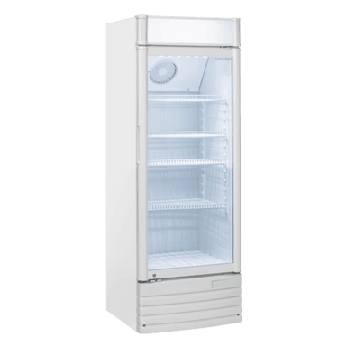 Vit modell av Cool Head DC 328C med glasdörr, fläkt och belysning