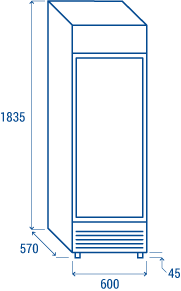 Skiss som visar måtten för Cool Head DC 388C, 1835 x 600 x 570 mm