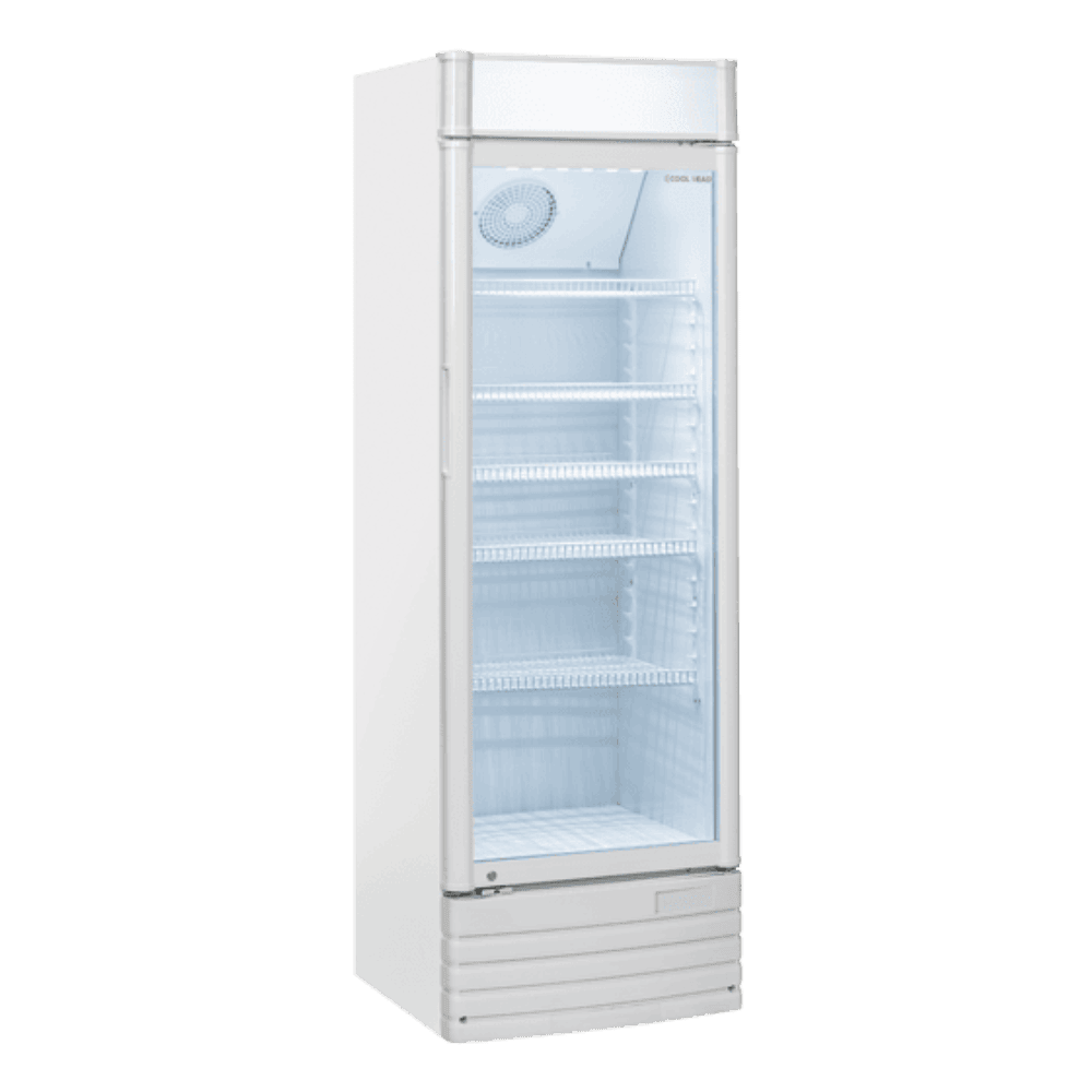 Vit modell av Cool Head DC 388C med glasdörr, fläkt och LED-belysning