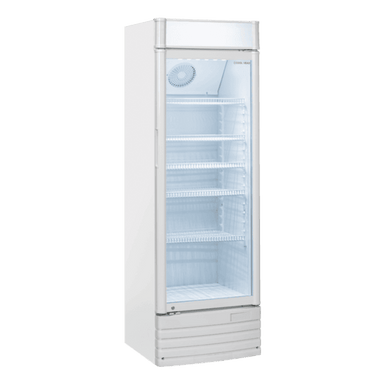 Vit modell av Cool Head DC 388C med glasdörr, fläkt och LED-belysning