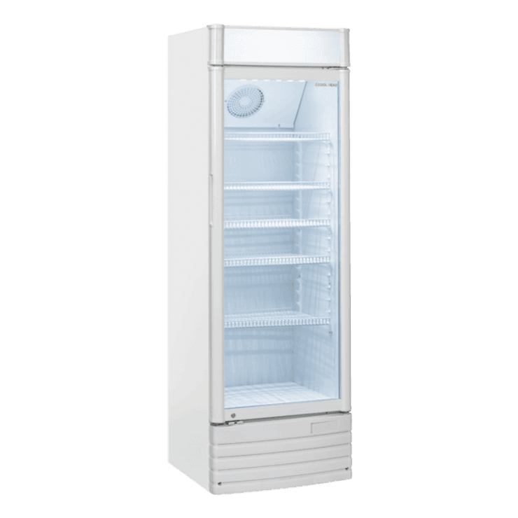 Vit modell av Cool Head DC 388C med glasdörr, fläkt och LED-belysning