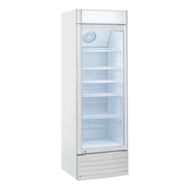 Vit modell av Cool Head DC 388C med glasdörr, fläkt och LED-belysning