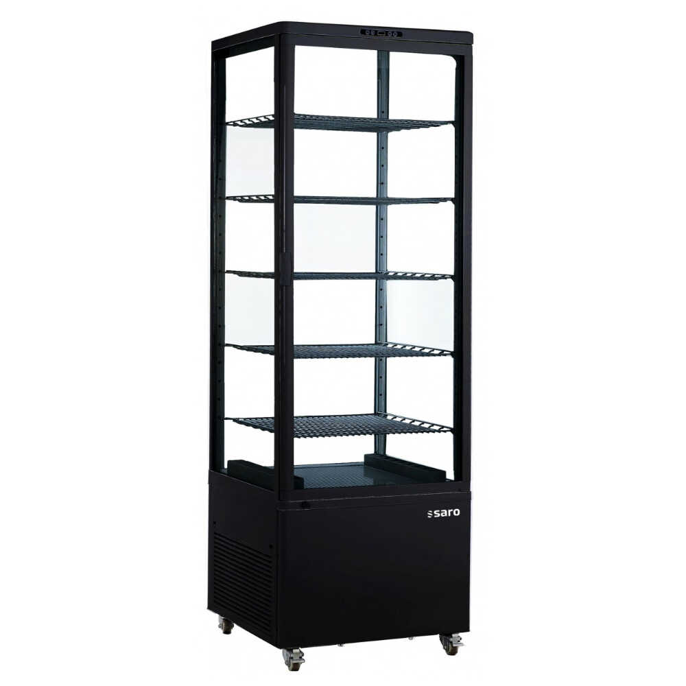 Fristående SARO LENN Kylmonter i svart med flera trådhyllor och glasväggar.