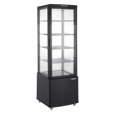 SARO PHIL Kylmonter i svart med fem hyllplan och glas runt om.