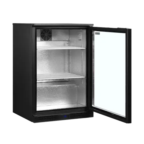 TEFCOLD DB126H Ölkyl med öppen glasdörr och tomma hyllor.