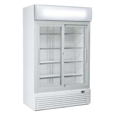 Framsida med skjutdörrar på Cool Head DC 1000S Displaykyl