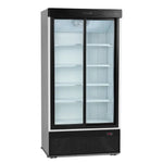 Fristående Tefcold FS1002S Displaykyl med dubbla glasdörrar och flera hyllplan.