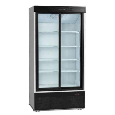 Fristående Tefcold FS1002S Displaykyl med dubbla glasdörrar och flera hyllplan.