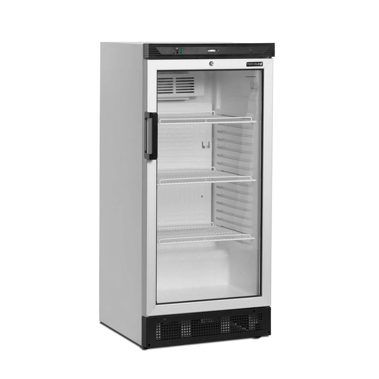 TEFCOLD FS1220 Dryckeskyl med tre hyllor och glasdörr i stålfärg.