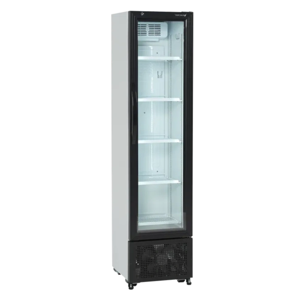 Vit TEFCOLD FS176H Dryckeskyl med flera hyllor och glasdörr.
