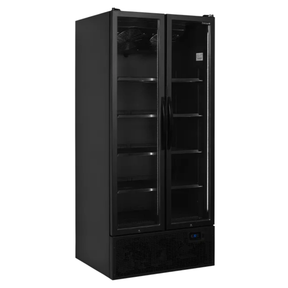 Tefcold FS890H Displaykyl svart version med tomma hyllor och stängda dörrar