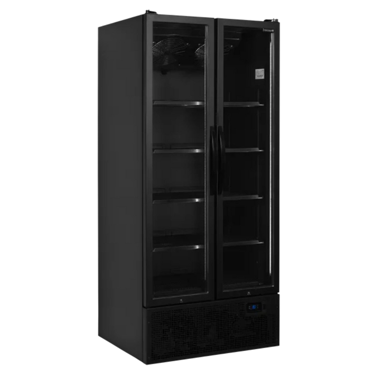 TEFCOLD FS890H Displaykyl svart version med tomma hyllor och stängda dörrar