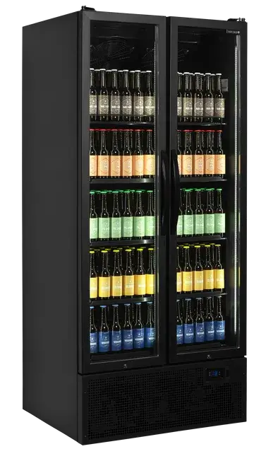 Tefcold FS890H Displaykyl svart modell fylld med flaskor i olika färger
