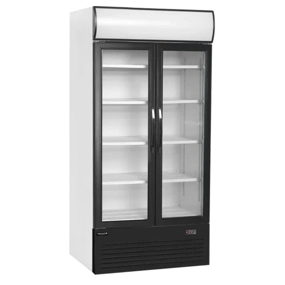 TEFCOLD FSC1000H Displaykyl i vit finish med tomma hyllor och glasdörrar