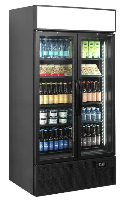Tefcold FSC1000H Displaykyl svart modell fylld med drycker och snacks