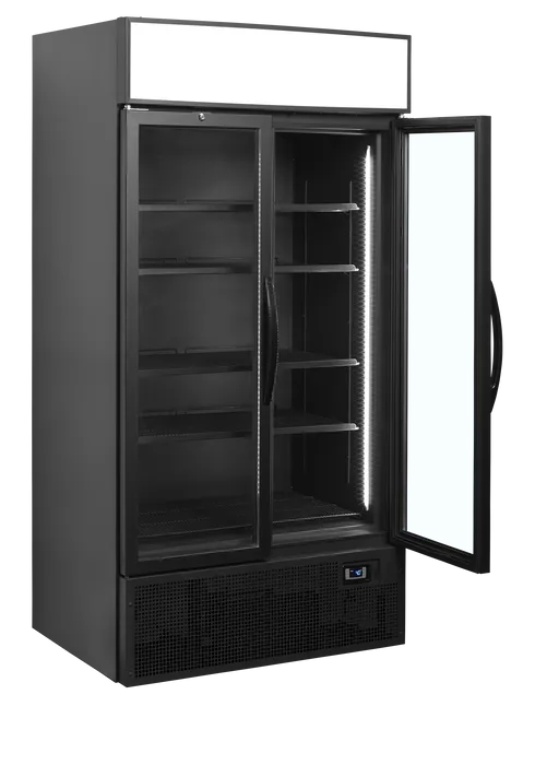 Tefcold FSC1000H Displaykyl i svart med öppnad dörr och LED-belysning