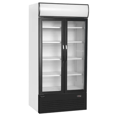 Tefcold FSC1000H Displaykyl i vit finish med tomma hyllor och glasdörrar